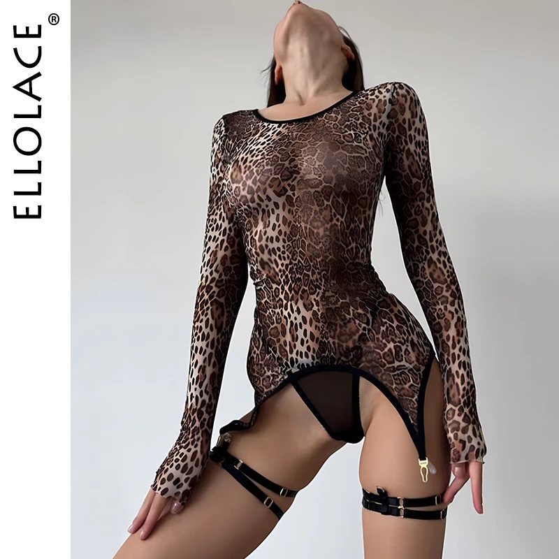 Ellolace lampart kombinezon seksowny nadruk zwierzęta obcisłe bluzki dopasowana długa rękaw Fantasy Body koronka perwersyjne maminsynek 2023