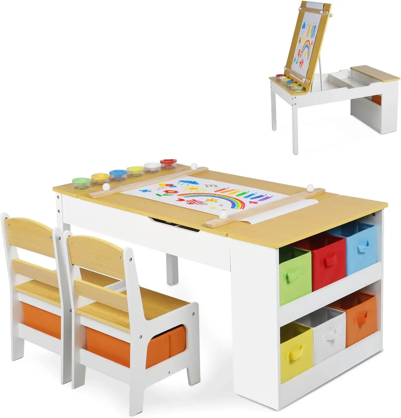 Conjunto de mesa de arte infantil 3 em 1 Kinder King e cadeira de cavalete, mesa de atividades infantis de madeira, 6 caixas de armazenamento, rolo de papel, copos de pintura