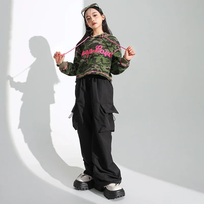 Grils Teen Streetwear Hip Hop Camouflage Hoodie Cargo Pants Sets Children Jazz Dance Clothes Costumes Kids T-shirt Tracksuits