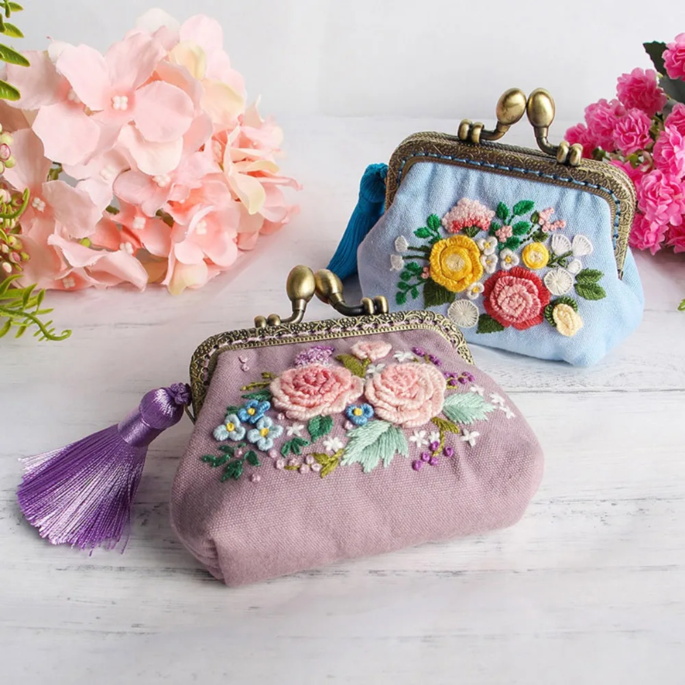 Embroidery DIY Ribbon Flowers Bags Purse Wallet Handbag, Cross Stitch Kit for Beginner Needlework Sewing Arts Craft Friend Gifts