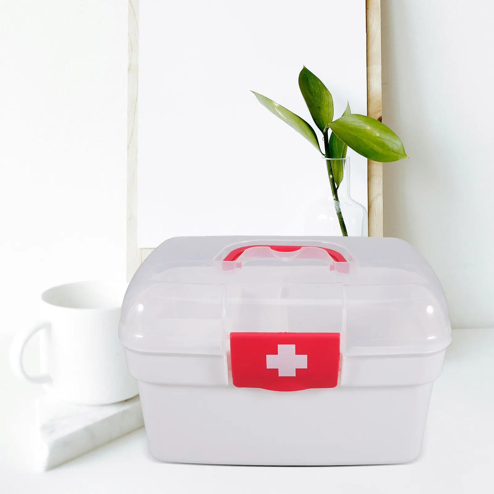 

Compact Storage Box with Handle Portable Medicine Organizer Box with Cross Symbol Lockable Lid Removable Tray Plastic
