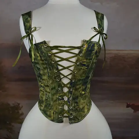 Women Corset Bustier Overbust Lace Up Front Boned Shaping Tops Vintage Bodices With Zipper Stage Costume Green Corset