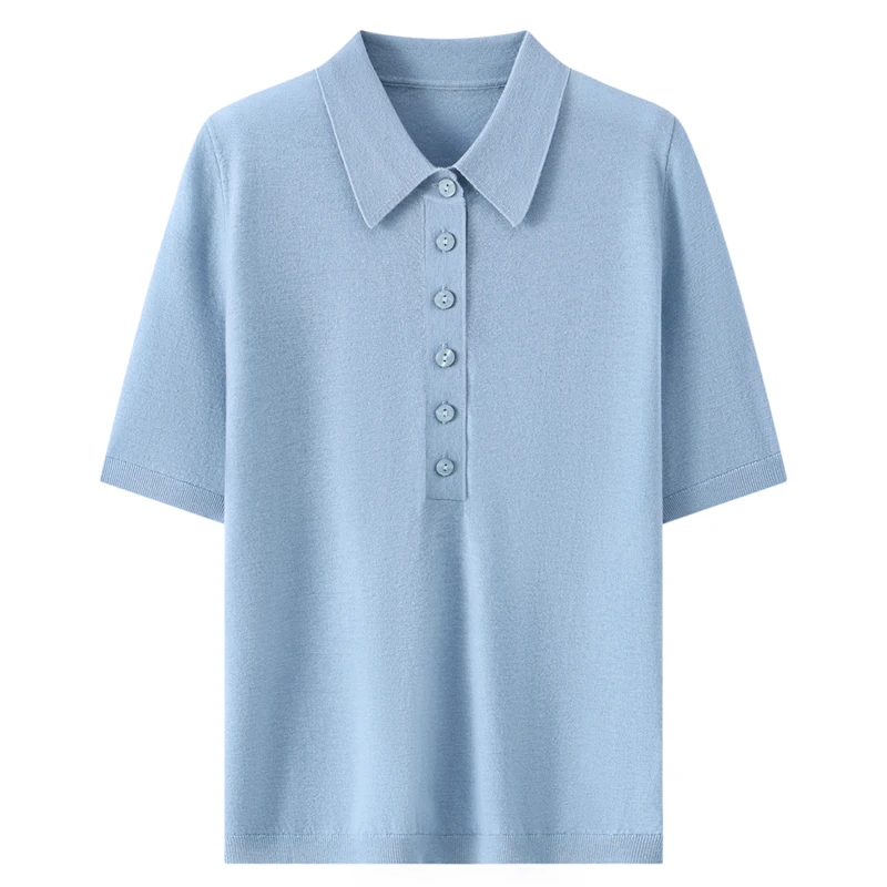 100% Fine Spun Wool Women's T-Shirt Summer Solid Knitted Pullover Jumper Sweater Short-Sleeved Loose Polo Collar Tees Pull Tops