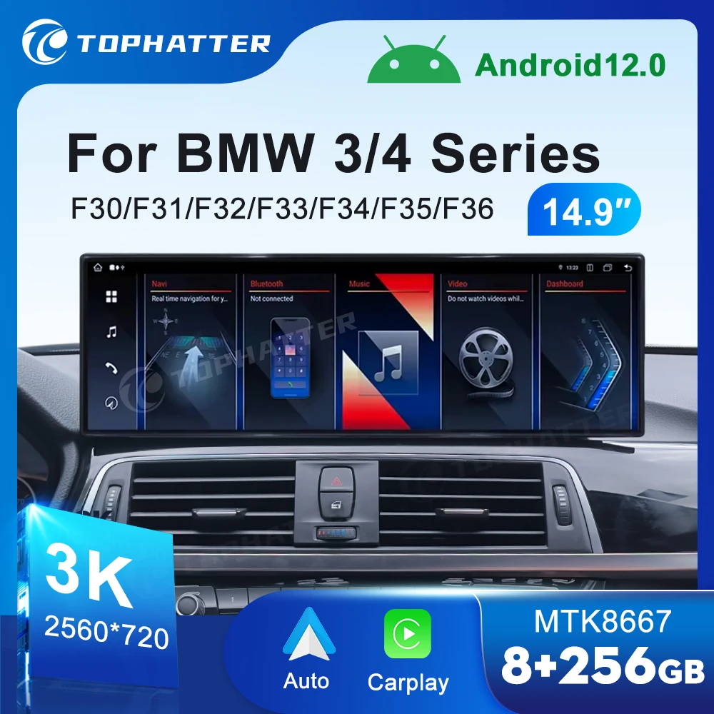 

14.9 3K 2560*720 Car Radio For BMW 3 Series GT F30 F31 F32 F33 F34 F35 CarPlay Android Auto Player Head Unit Screen 360 3D Cam