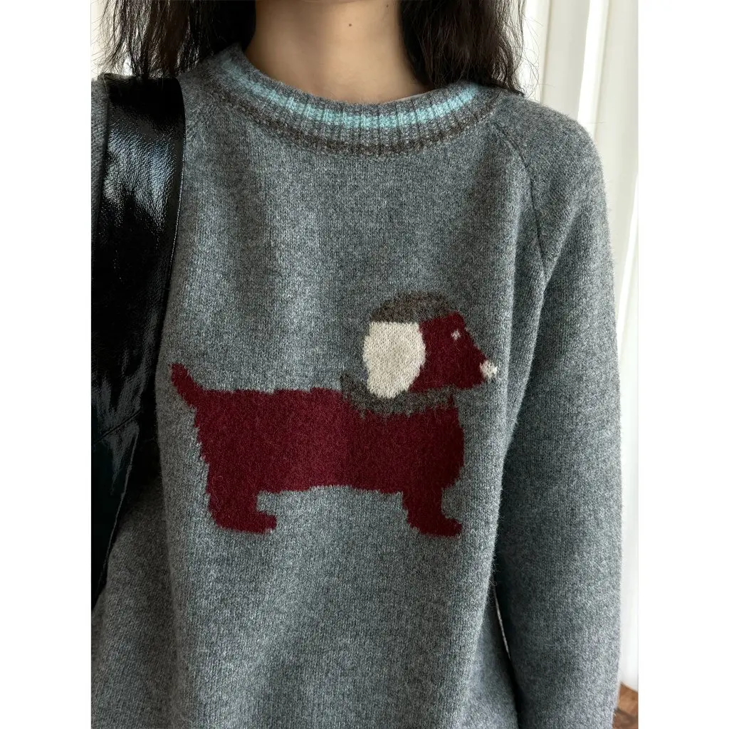 LOFU-suéter de lana de estilo coreano para mujer, Top holgado suave y cómodo con patrón de cachorro reductor de edad para invierno