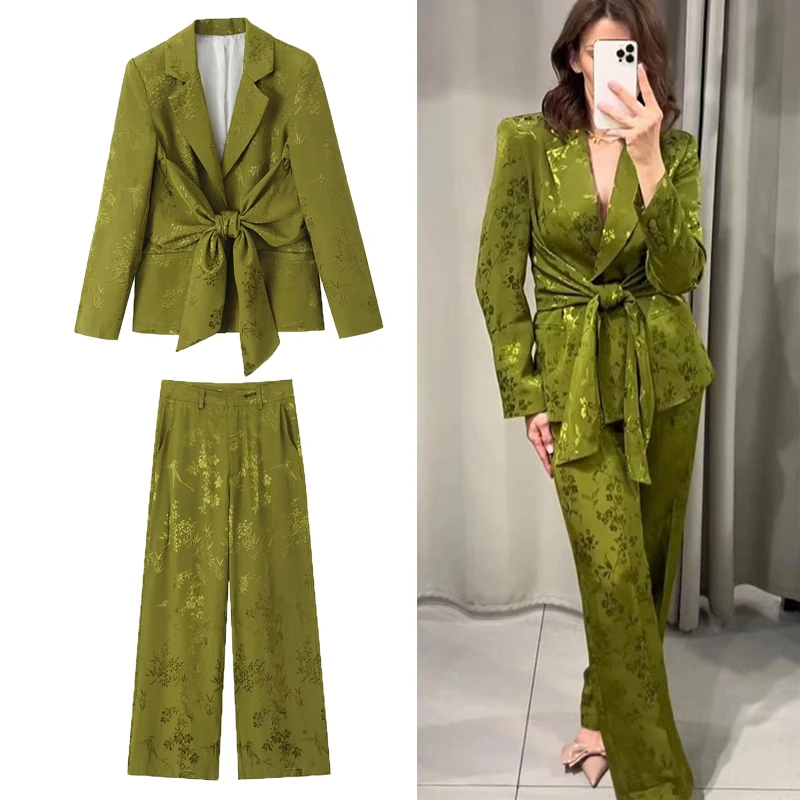 UETEEY 2024 Autumn New Women\'s Casual Bow Knot Decoration Jacquard Suit Coat Fashion High Waist Straight Leg Pants Set