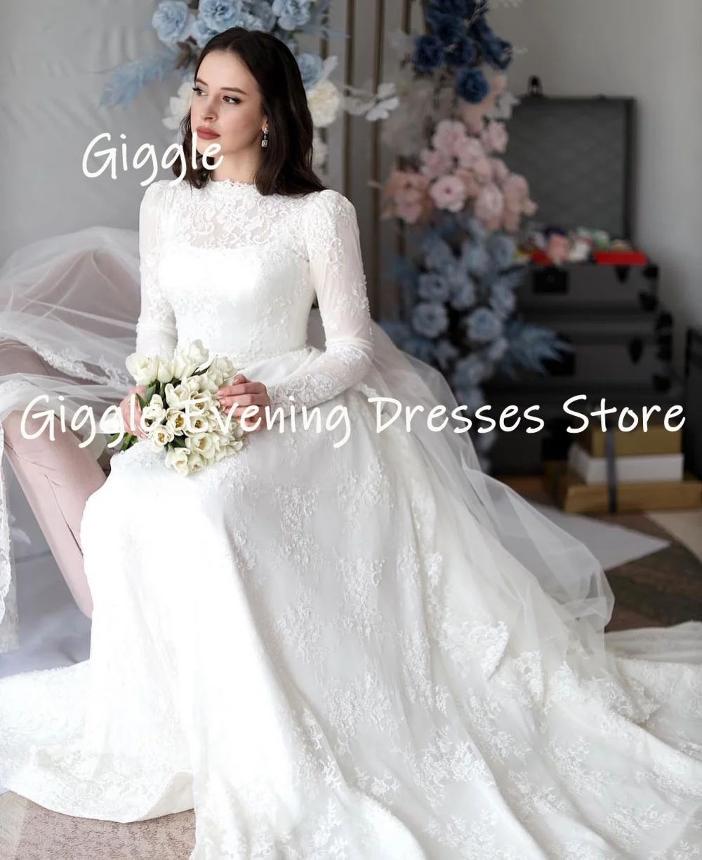 Giggle Elegant Full Lace Long Sleeves Sweep Train Wedding Dresses for Women 2023 Zipper Up vestidos de novia