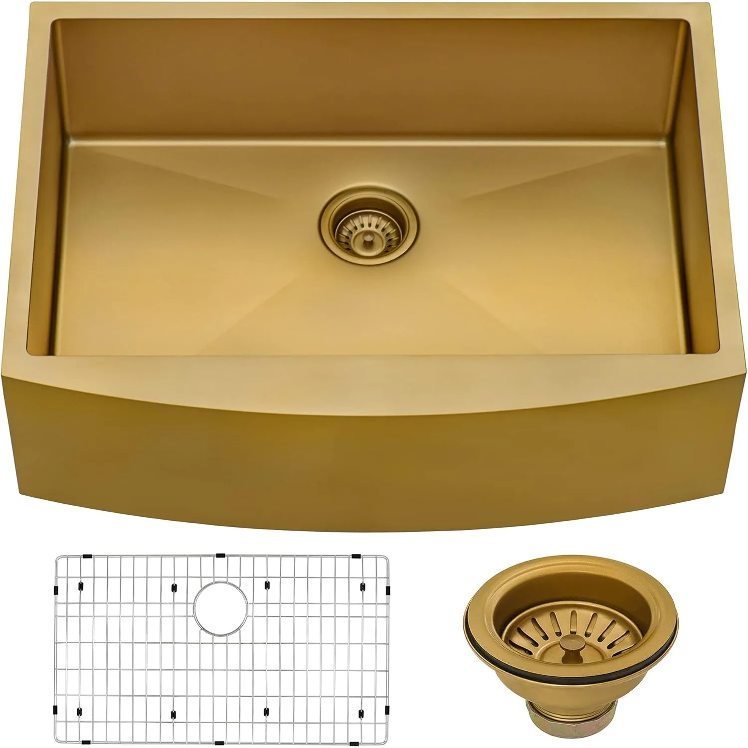 

Ruvati Brass Tone 22"D X 36"W X 9"H Apron-Front Farmhouse Kitchen Sink -Matte Gold Stainless Steel Single Bowl RVH9880GG USA