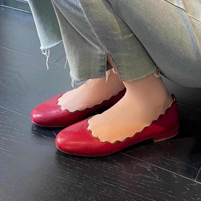 

Women Flat Shoes Round Toe Red Ballet Flats Elegant Spring Low Heel Daily Shoes Korea Style Sheepskin Simple Footwear