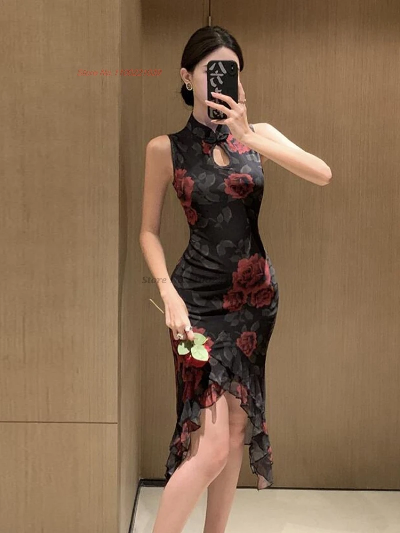 

2025 китайское улучшенное сетчатое Ципао без рукавов Cheongsam, национальное вечернее платье с цветочным принтом, винтажное платье для банкета и ночного клуба