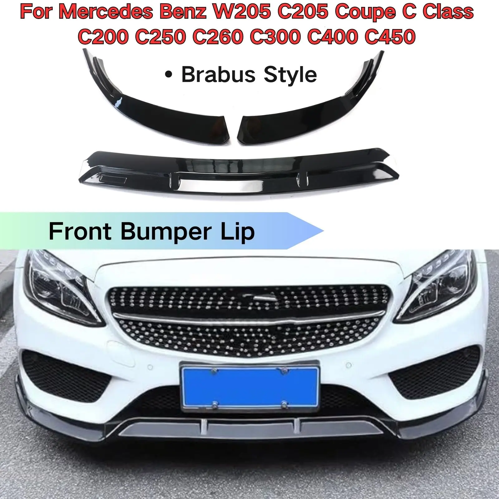 For Mercedes Benz W205 C205 Coupe C Class C200 C250 C260 C300 C400 C450 2019-2021 Front Bumper Lip Brabus Style Car Accessories