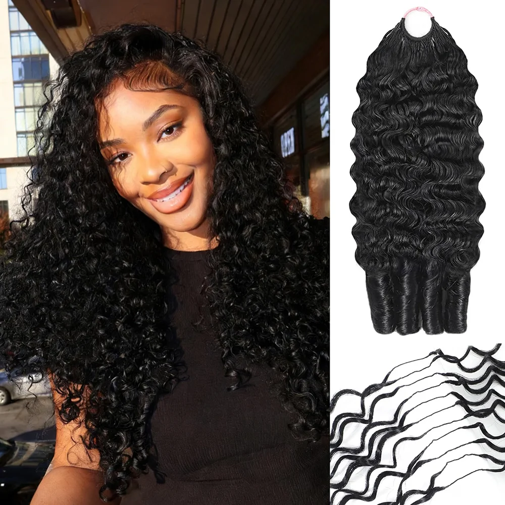 Extensioni per capelli umani con tecnica di crochet a piuma, 15A, ricci birmani, colore nero naturale, con ciocche pre-divise, invisibili, con tecnica di crochet a piuma, ricci birmani, capelli umani