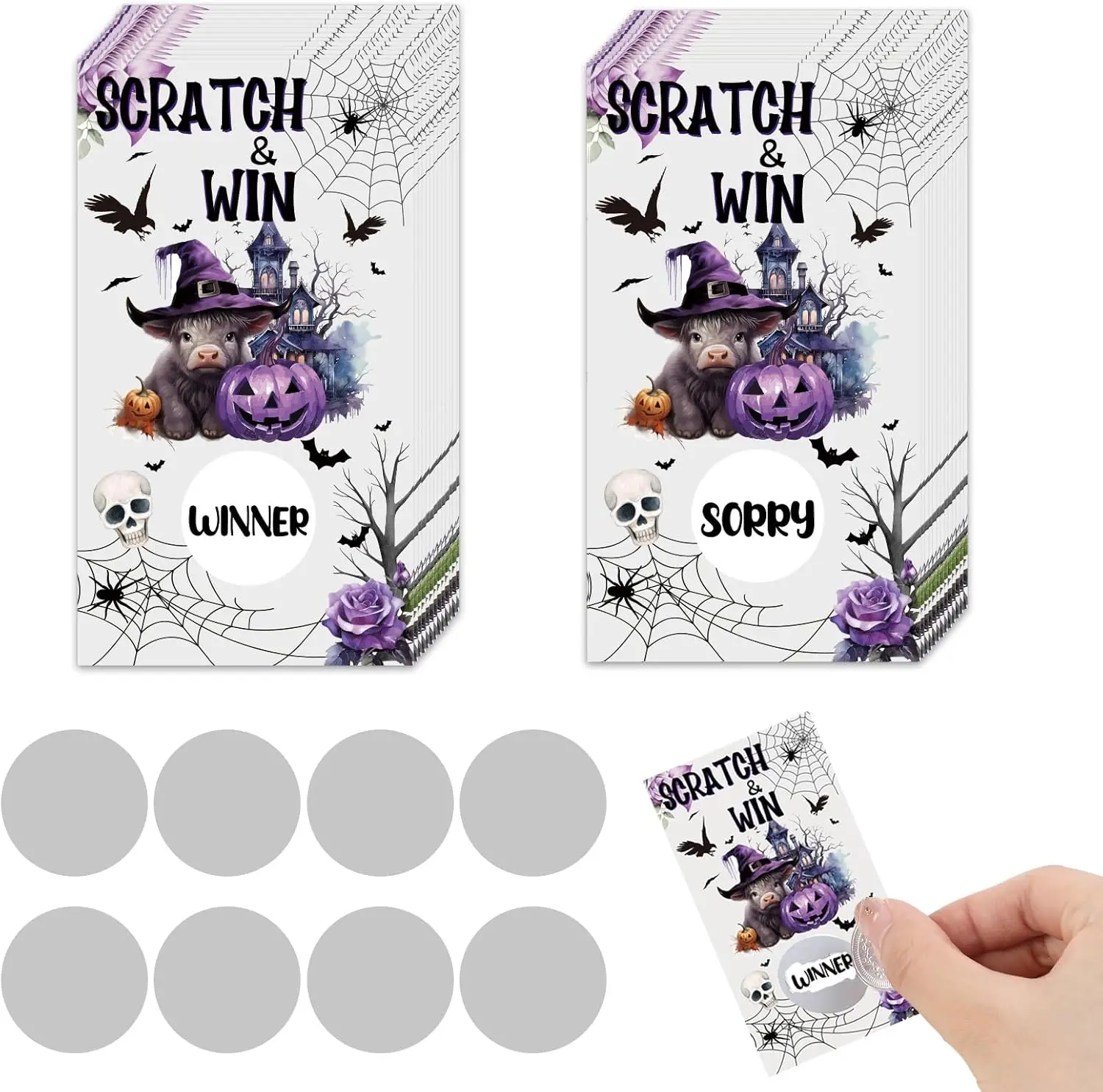 Cheereveal 50Pcs Halloween Highland Cow Witch Scratch Off Cards,  Cow Lottery Prize Raffle Baby Shower Birthday Party Supplies