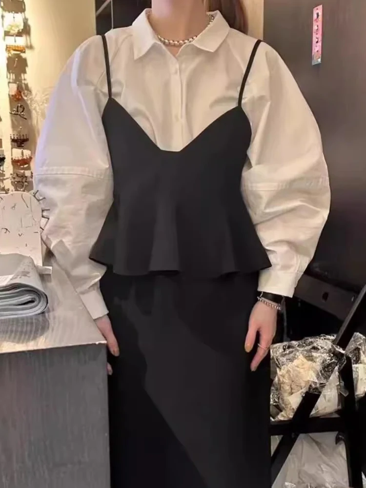 Chic Autumnal Loose Lantern Sve Bluse Damen Layering Set Faionable Zweiteiliger Anzug Pendeln Sle Long Sve