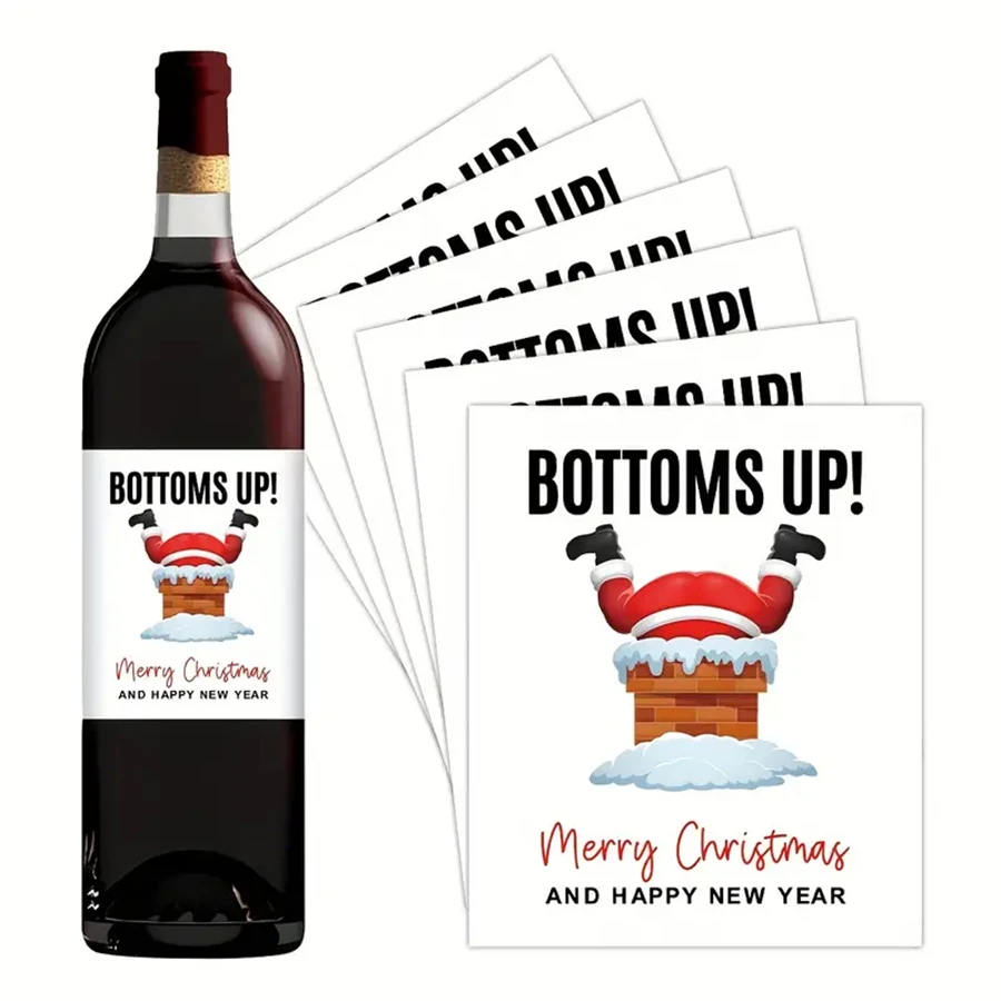 Bottoms Up Funny Santa Christmas Wine Bottle Labels Stickers for Xmas Holiday Party Wine Bottle Decor Gift