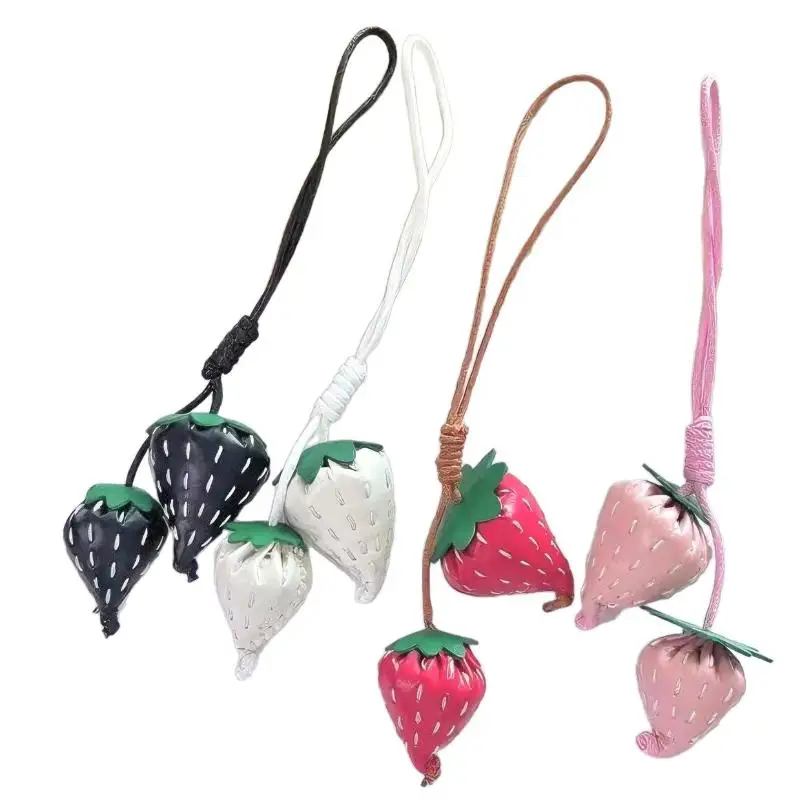 Hot Sale Cute Handmade Leather Fruit Keychain Leather Strawberry Bag Charm Pendant Creative Car Decoration DIY Accessories