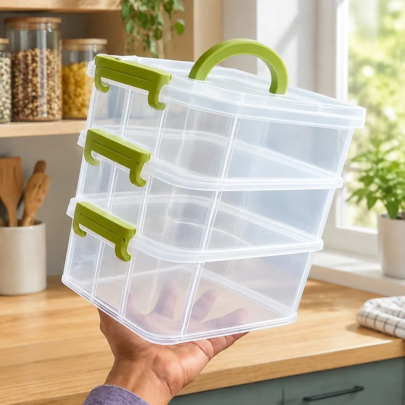 Transparent Multi-Compartment Storage Box with Four Sections, Stackable Plastic Drawer for Small Toys and Accessories