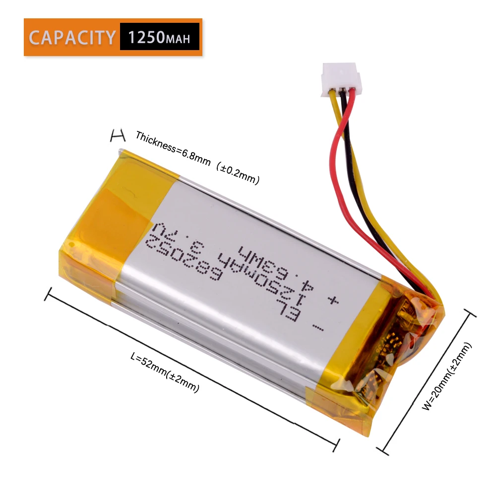 682052-1S-2P 3.7V 1250 mAh Rechargeable Lithium Li-ion Li Polymer Battery For Pet GPS Hunting dog GPS DVR MP3  682052