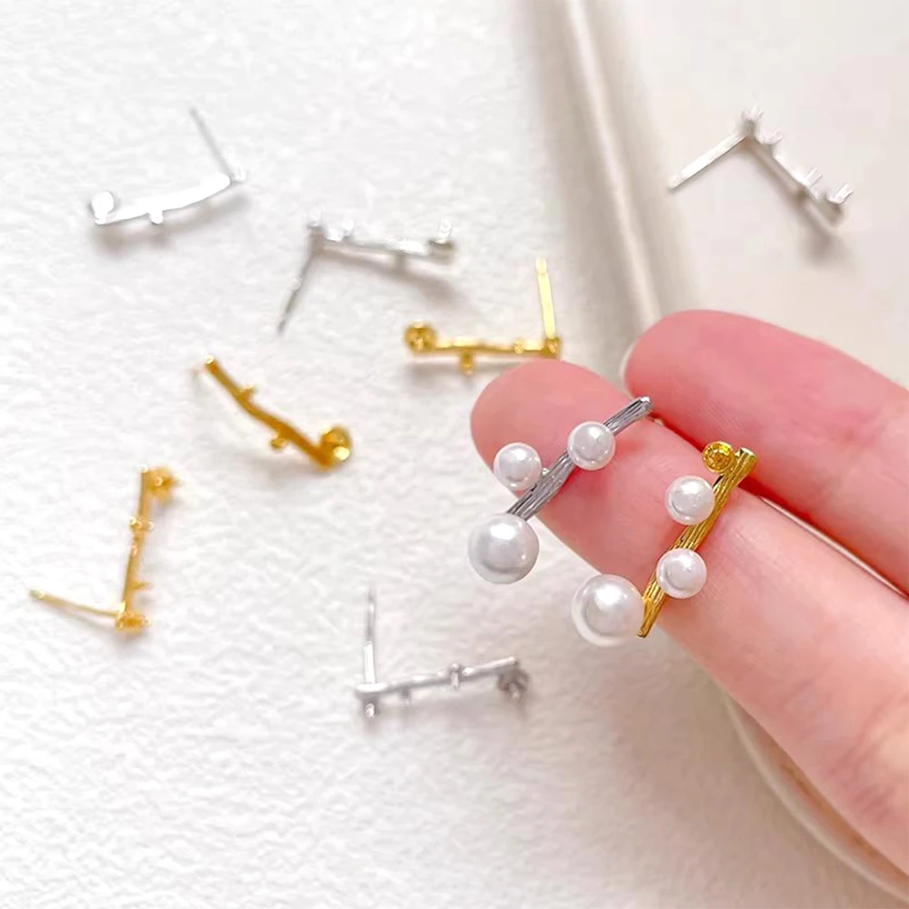 3 Pairs Brass Plated with Genuine Gold Asymmetric Multi Bead Ear Studs DIY Jewelry Making Semi-finished Product Accessory