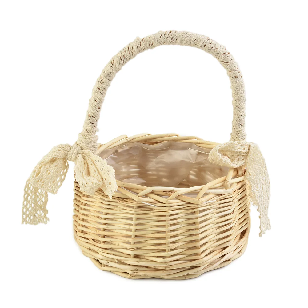 Rustic Style Rattan Basket with Lace Accent for Storing Toiletries Stationery Faux Plants and Daily Essentials