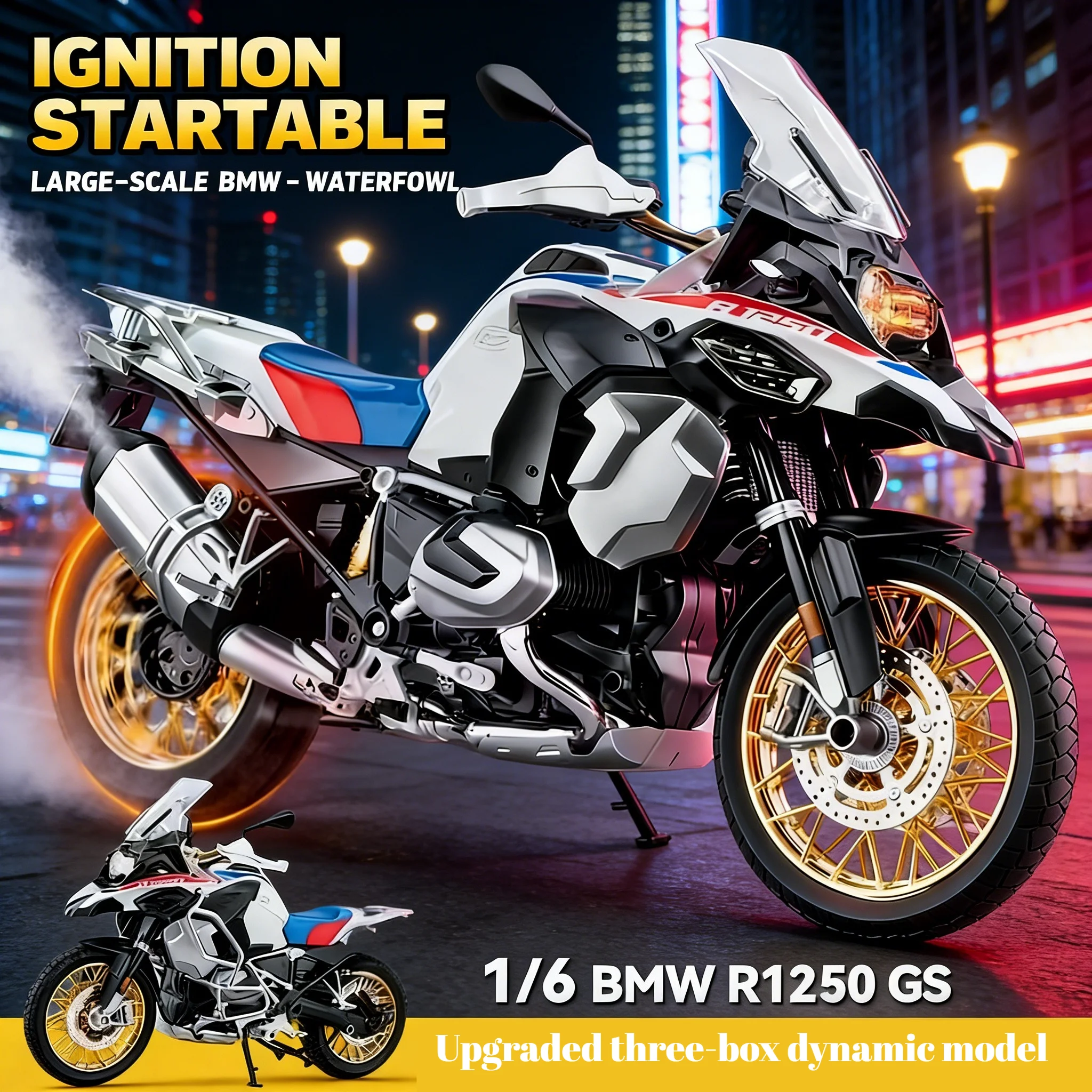 For 1:6 BMW R1250 GS ADV Alloy Racing Motorcycle Diecasts Street Sports Motorcycle Model Lighting Spray Function Children's Gift