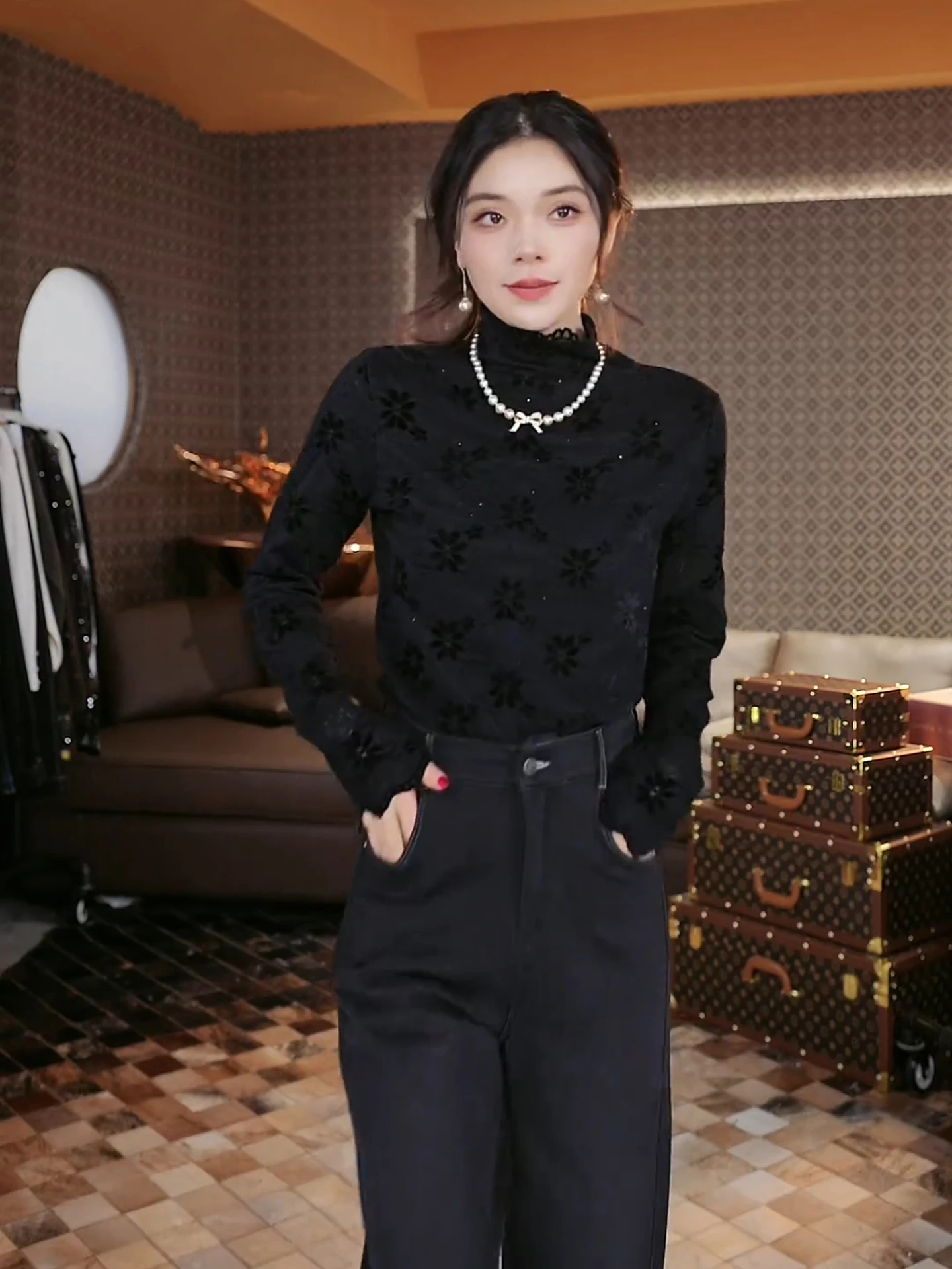 

eila 2025 Autumn New High Collar Floing Sweater Top Blooming Plant Pattern Nylon Long Sve Regular Length Women's Knitwear