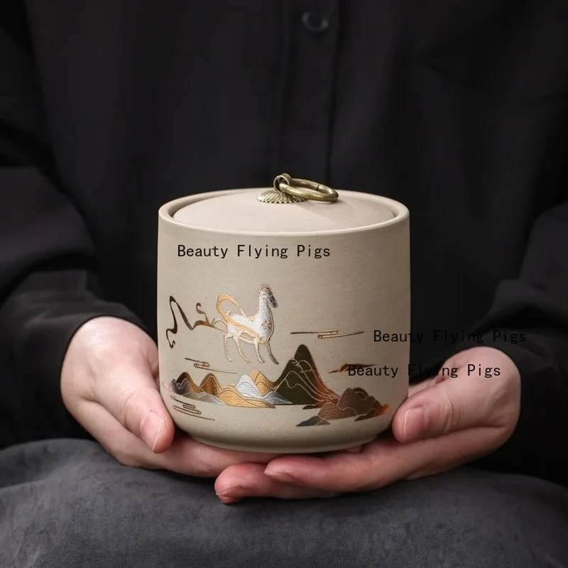 Coarse Pottery Storage Tank Household Moisture-proof Tea Can Candy Sealed Box Food Storage Container Tea Ceremony Accessories