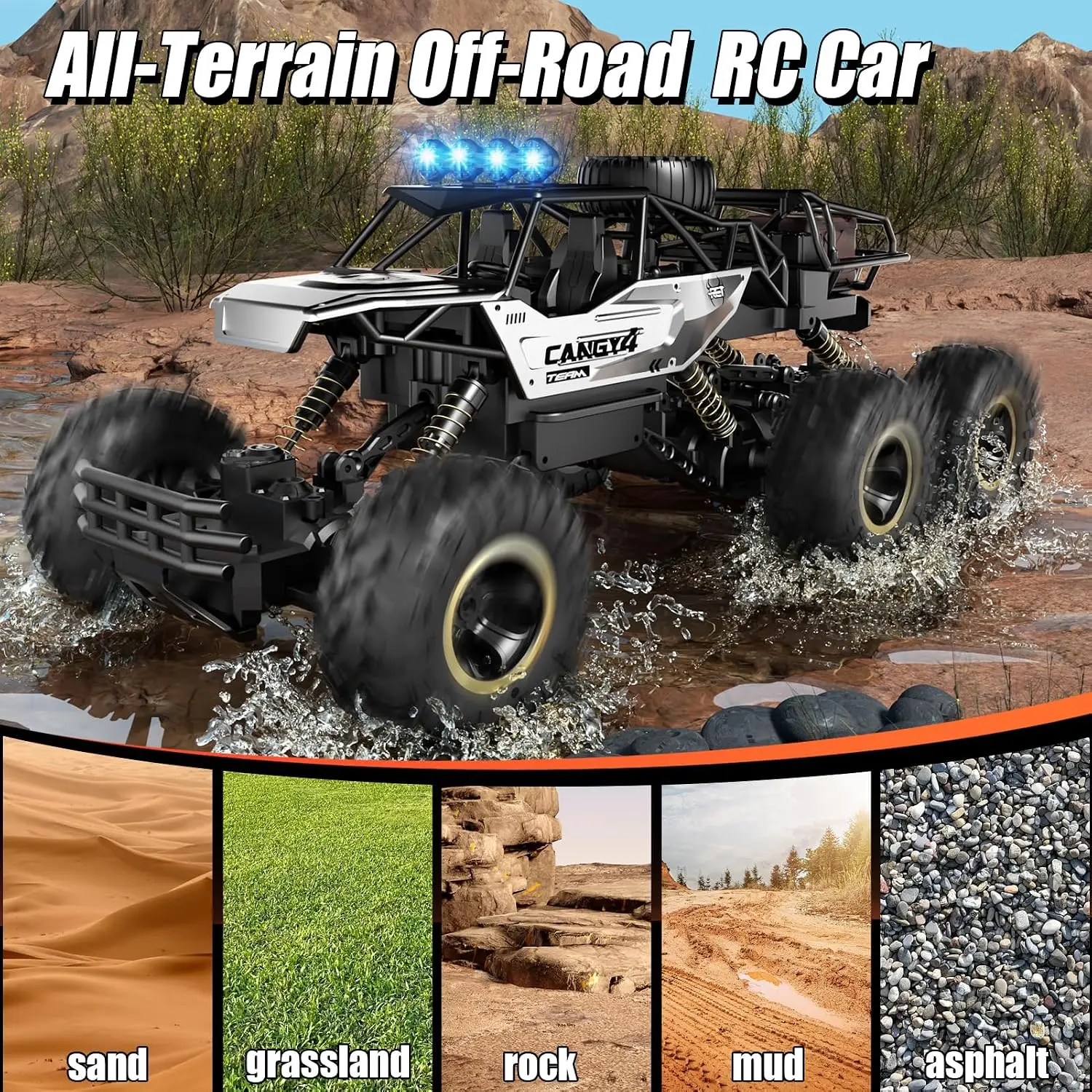 Remote Control RC Cars, Rock Crawler Monster Truck with 2 Rechargeable Batteries, Metal Body, Large Size, LED Headlights, Birthday Gift Toy for Boys and Kids Ages 4-7 8-12