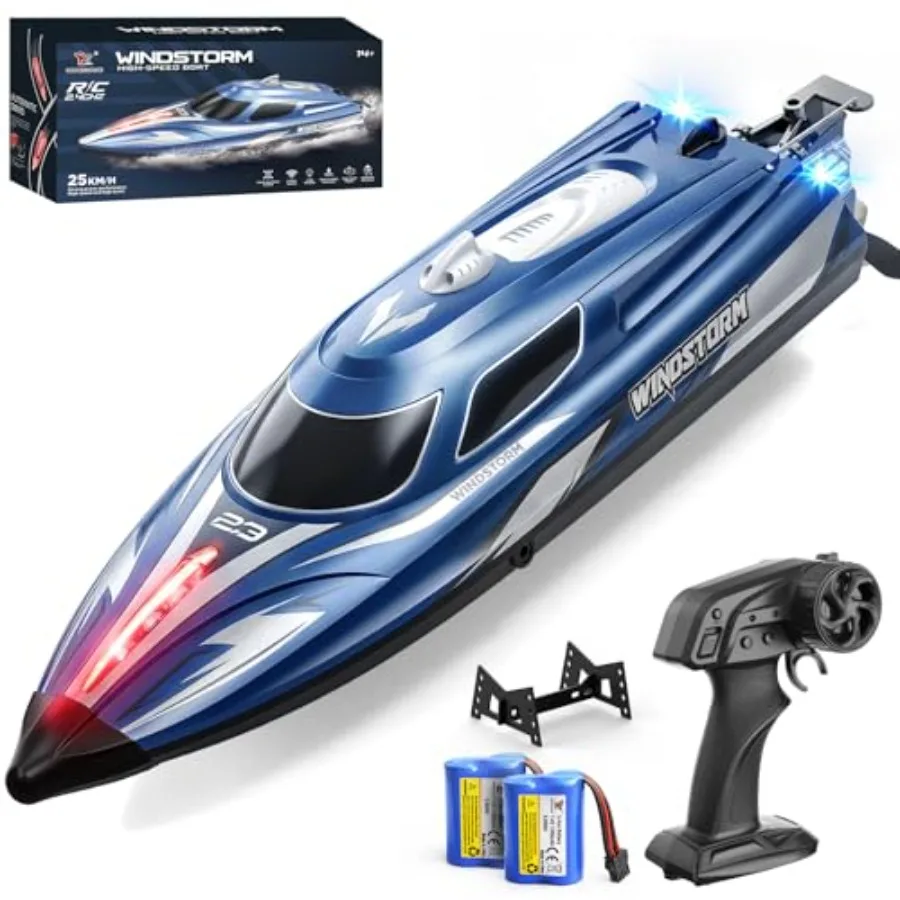 

RC Boat for:Pool Lake Use, ABS Plastic, Blue/Red, 25 KPH Speed, LED Lights, 500 ft Range, Low Battery Out-of-Range Alarm, Self-
