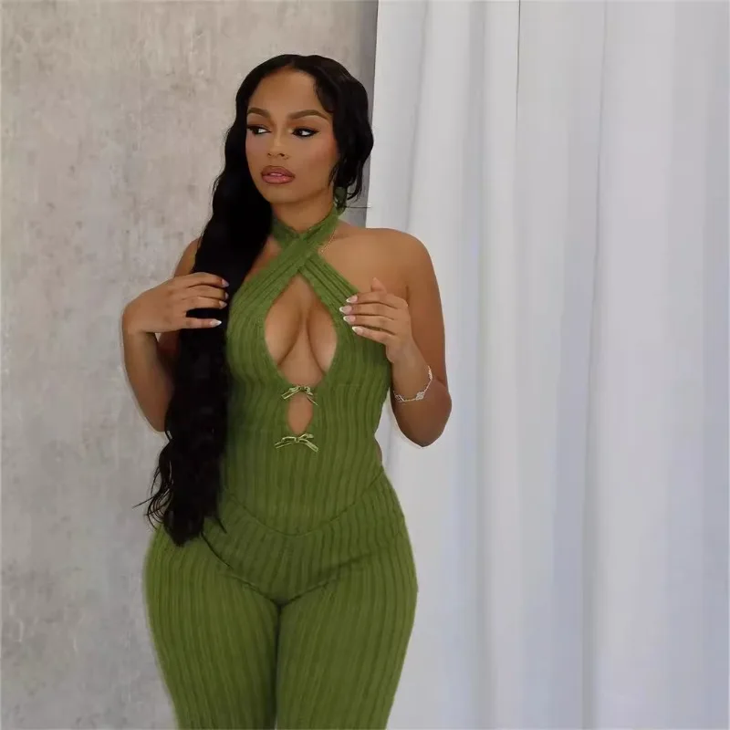 Women Ribbed Knit Jumpsuit Halter Deep V‑Neck Cut‑Out Waist Flare Pants Bodysuit Sexy Y2K Streetwear Clubwear One‑Piece Outfit