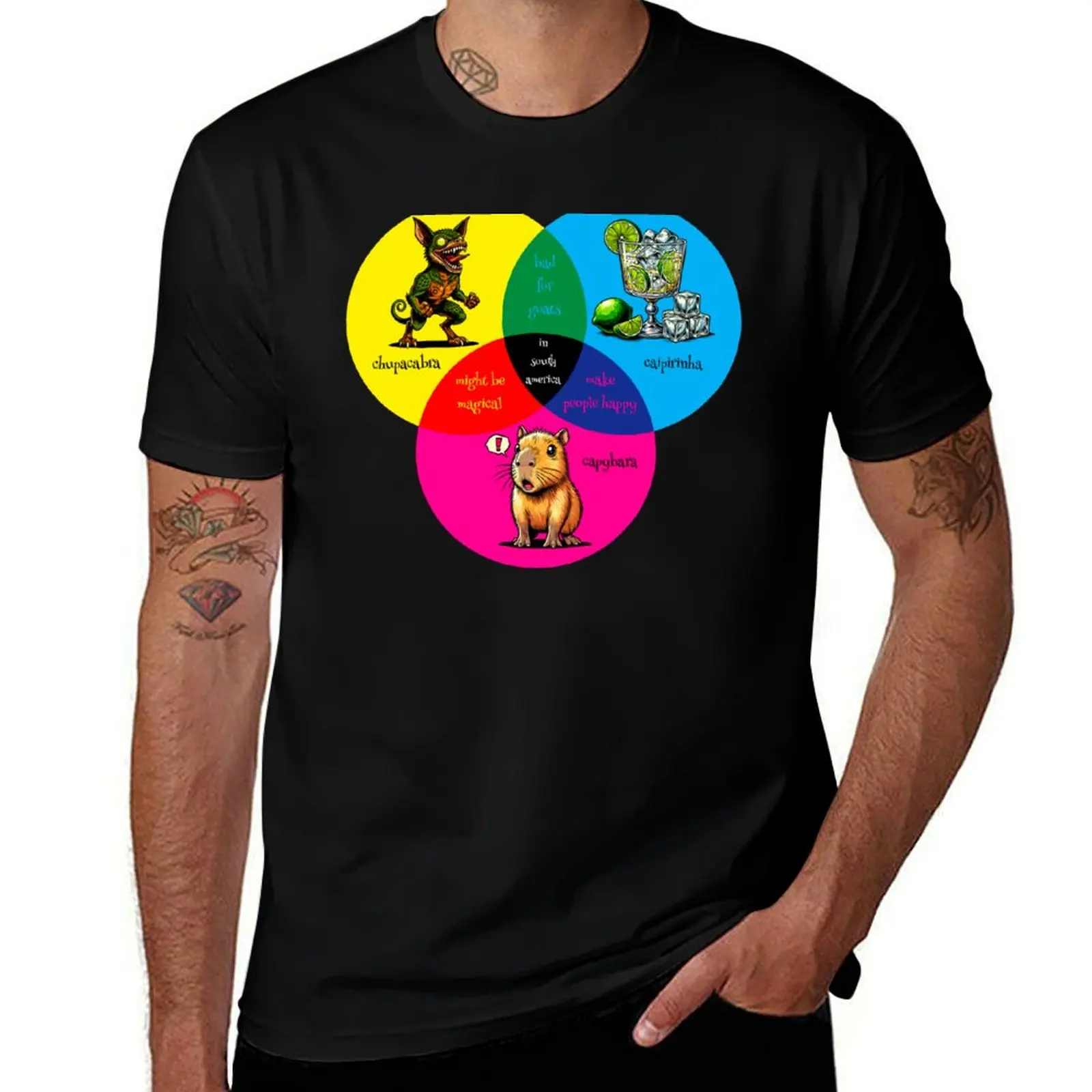 Chupacabra, Capybara, and Caipirinha Venn Diagram T-Shirt funny meme t-shirts oversized t shirt funny costumes clothes for men