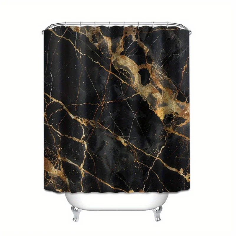 4 pcs/set black and golden marble shower curtain set, 3D digital print, waterproof & mildew resistant bathroom decor