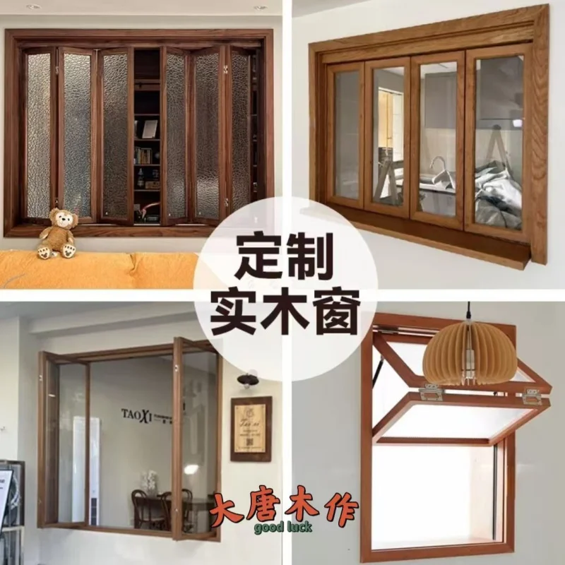

Custom. Vintage Folding Window Sliding Window Solid Color Wood Frame Window Left and Right Sliding Milk Tea Shop Coffee