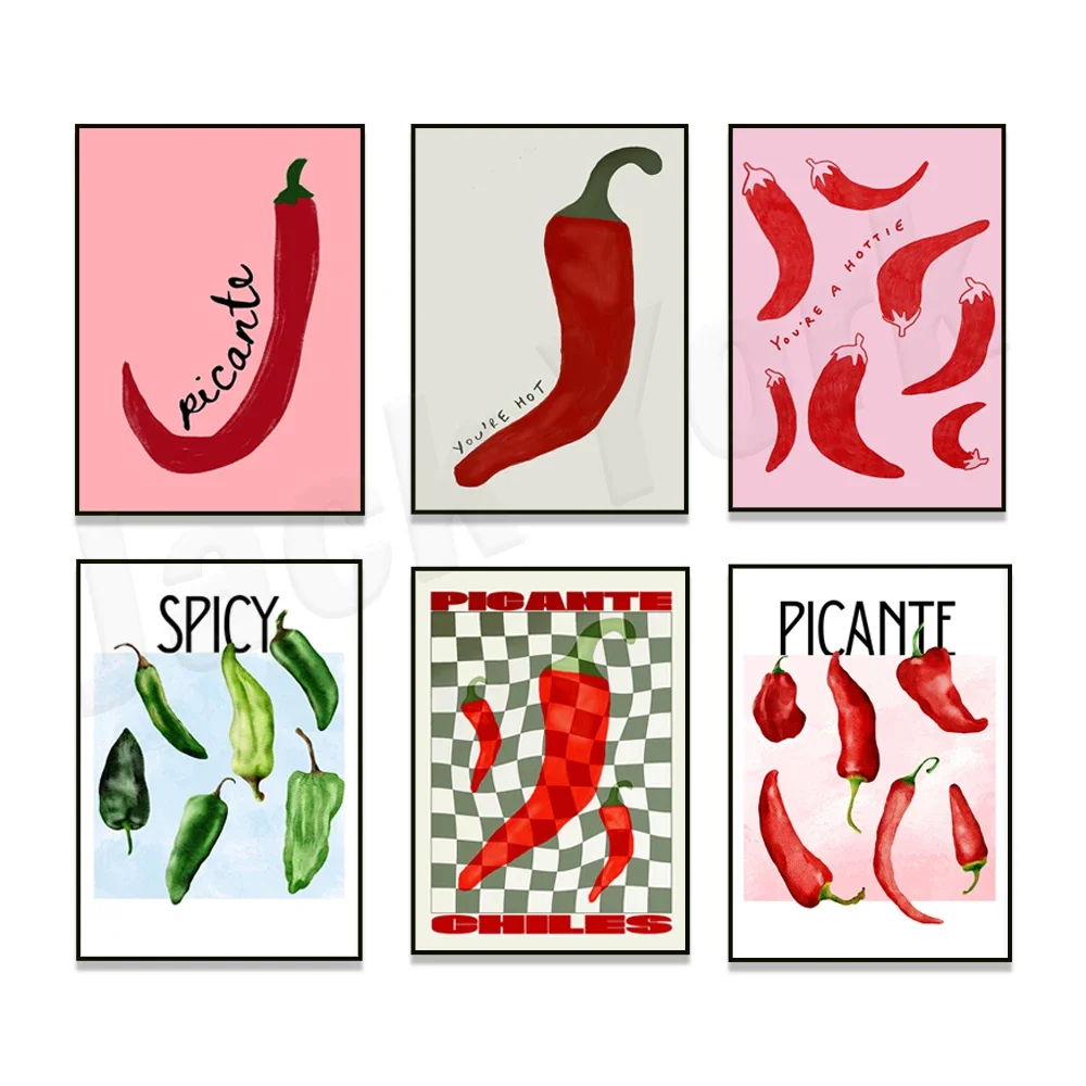 Pintura en lienzo de chile, pimienta verde, chile amarillo y rojo, arte de comida contemporánea, decoración de cocina, decoración de pared
