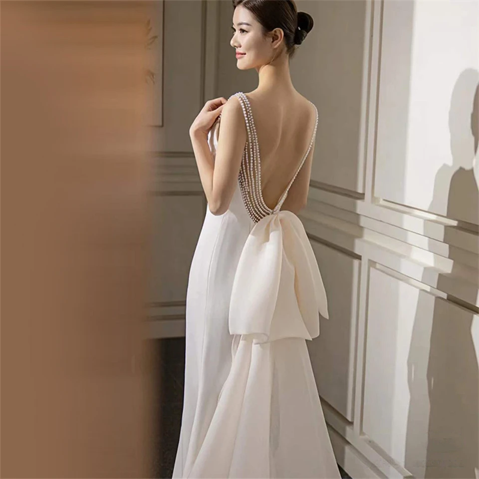 Elegant Spaghetti Strap Pearl Bow Backless Satin Wedding Dresses For Women 2024 Court Train Bridal Gowns Vestidos De Noiva