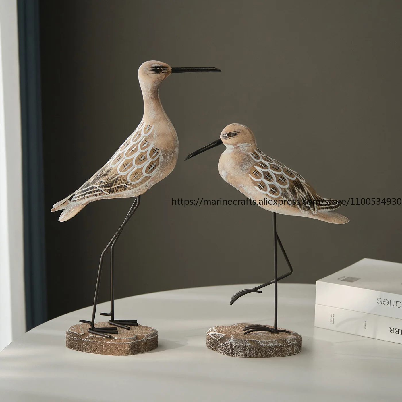 Retro Long-Legged Seabird Desktop Decoration Wooden Craft Marine Style Ornament for Home Restaurant Seagull Decor