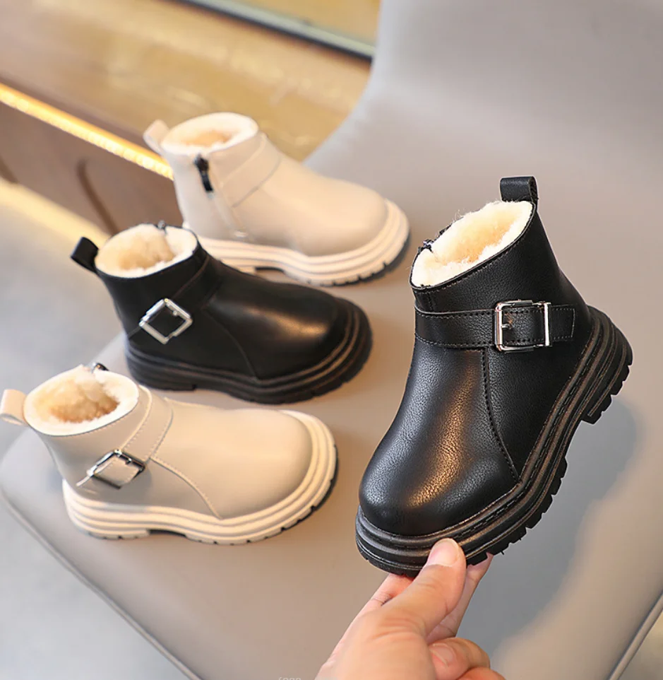 Winter New Fashion Children\'s Fur Shoes Girls Plush Boots Boys Warm Ankle Boots Comfortable Leather Kids Waterproof Snow Booties