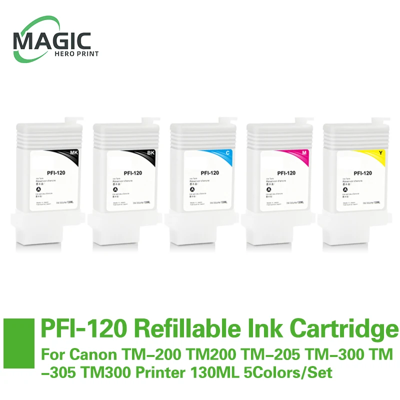 

Magic Hero PFI120 Refillable Ink Cartridge Without Chip For Canon TM-200 TM200 TM-205 TM-300 TM-305 TM300 Printer 5Color/Set