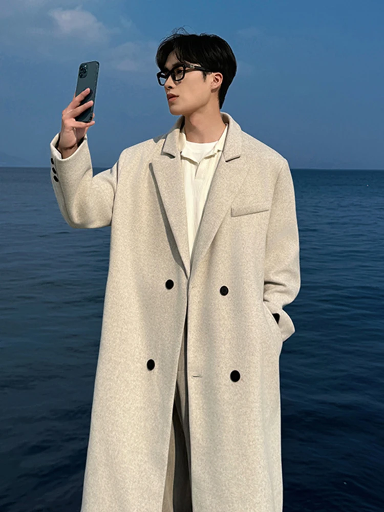 

Olive een oulder Padded Men's Woolen Coat Autumn Winter Double Breasted Windbreaker Jaet Stand Fit Youth Faion Warmth