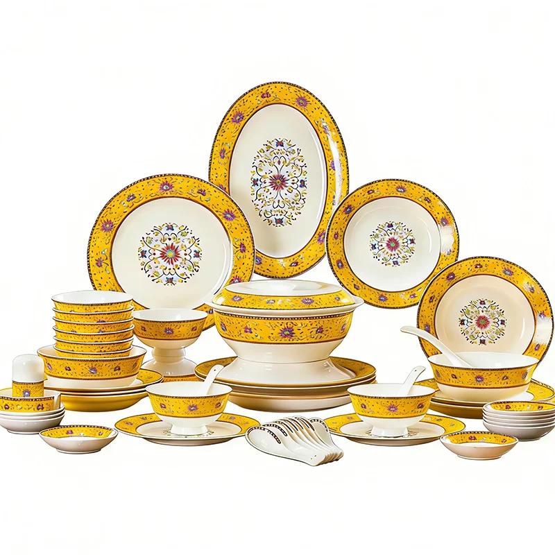 

Enamel Porcelain Tableware Set 18/38/58pcs Enamelware Dish Sets Full Set Luxury China Exquisite Ceramics Dinnerware 4/10 Persons