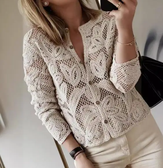 

Autumn Women's New Knitted Long Sleeve Hollow Button Shirt 2025 Women's Elegant and Sexy Jacquard Pattern Hollow Knitted Shirt