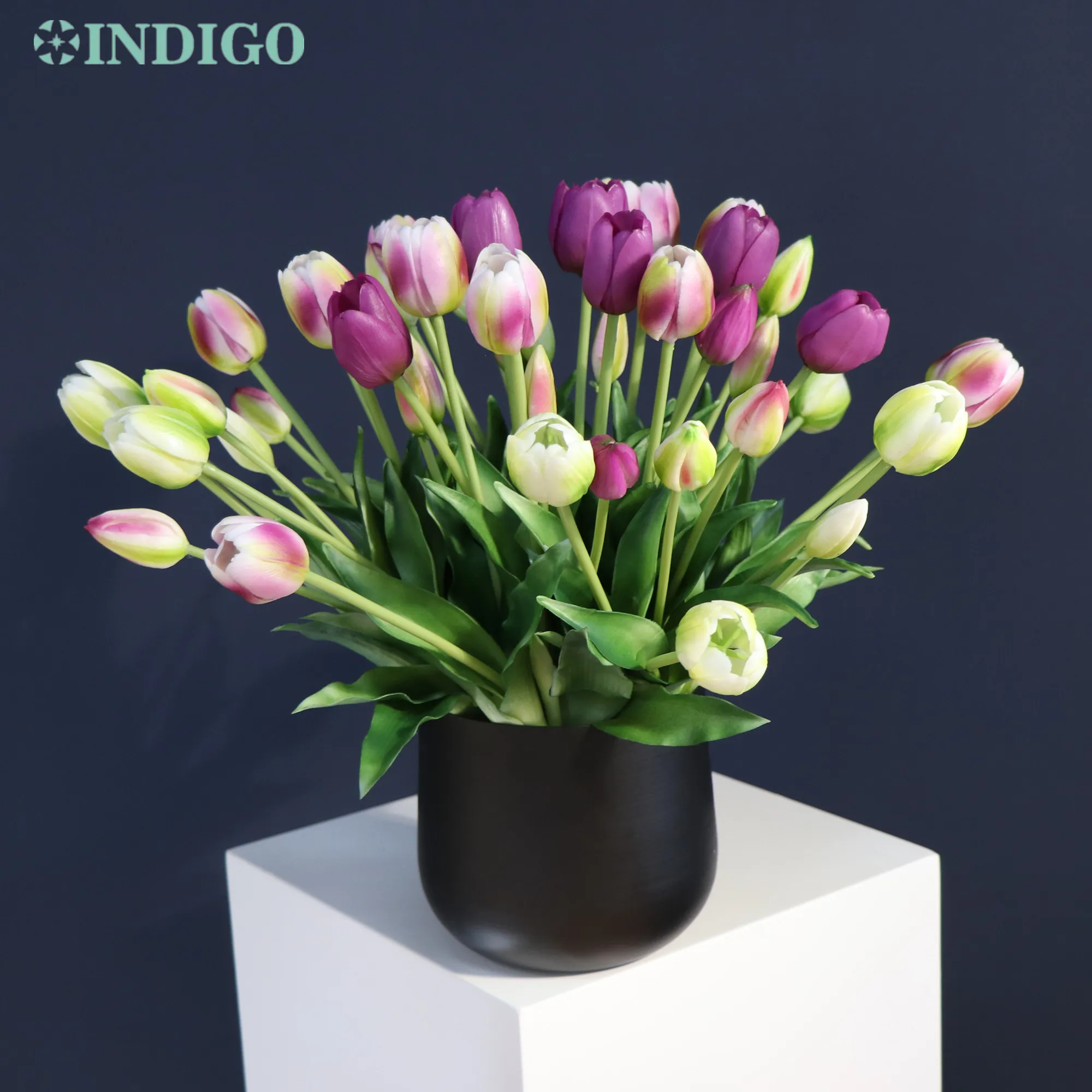 

INDIGO-Purple Tulip Bonsai Silicone Flower,Table Decoration, Artificial Flower, Shop Window Display, 45Pcs Flowers + 1 Metal Pot