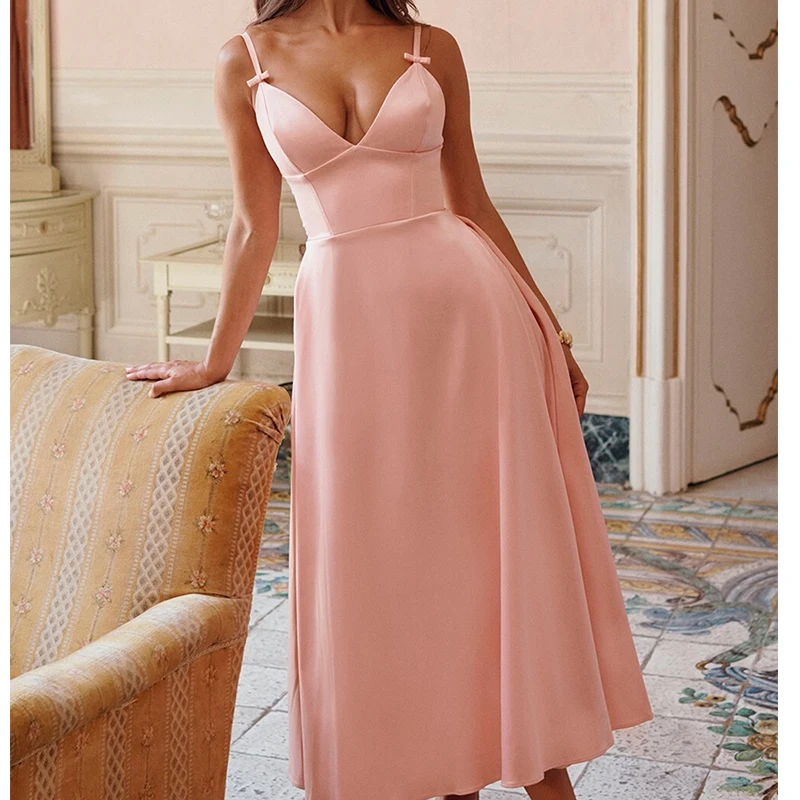 Abito elegante sexy da donna in raso rosa con spalline sottili e scollo a V, abiti da sera midi a trapezio