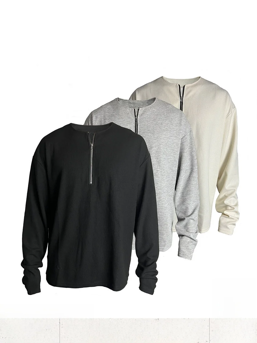 

JCAESAR Men's Long Sleeve T-Shirt Half Zip Waffle Pattern Color Casual Fashion Urban Style Cotton Zipper Style round Neck
