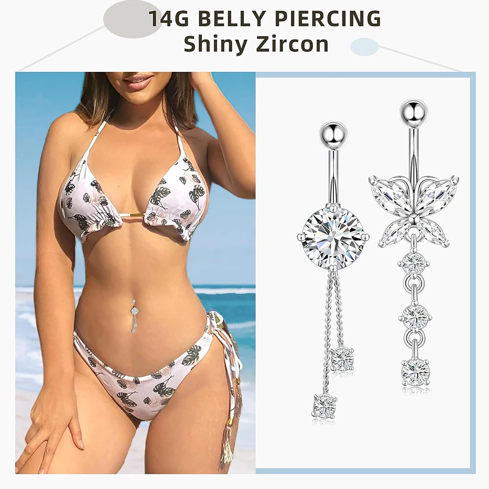 14G Gold Color Series Butterfly Dangled Belly Piercing Sets 4-6PCS/Lot Heart Flower Curved Navel Navel Ring Belly Button Rings