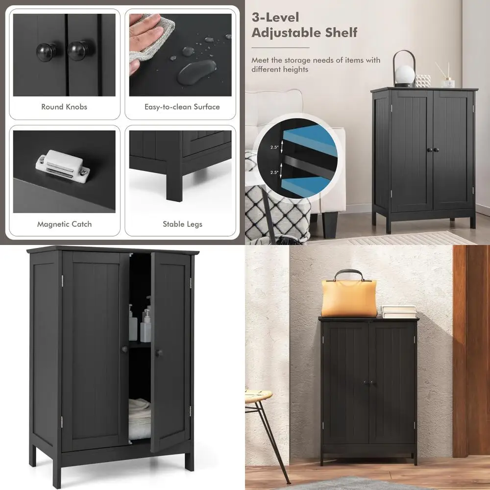 

Отдельностоящий деревянный шкаф с дверцами, регулируемыми полками и защитой от опрокидывания для ванных комнат, кухонь и гостиных - черный