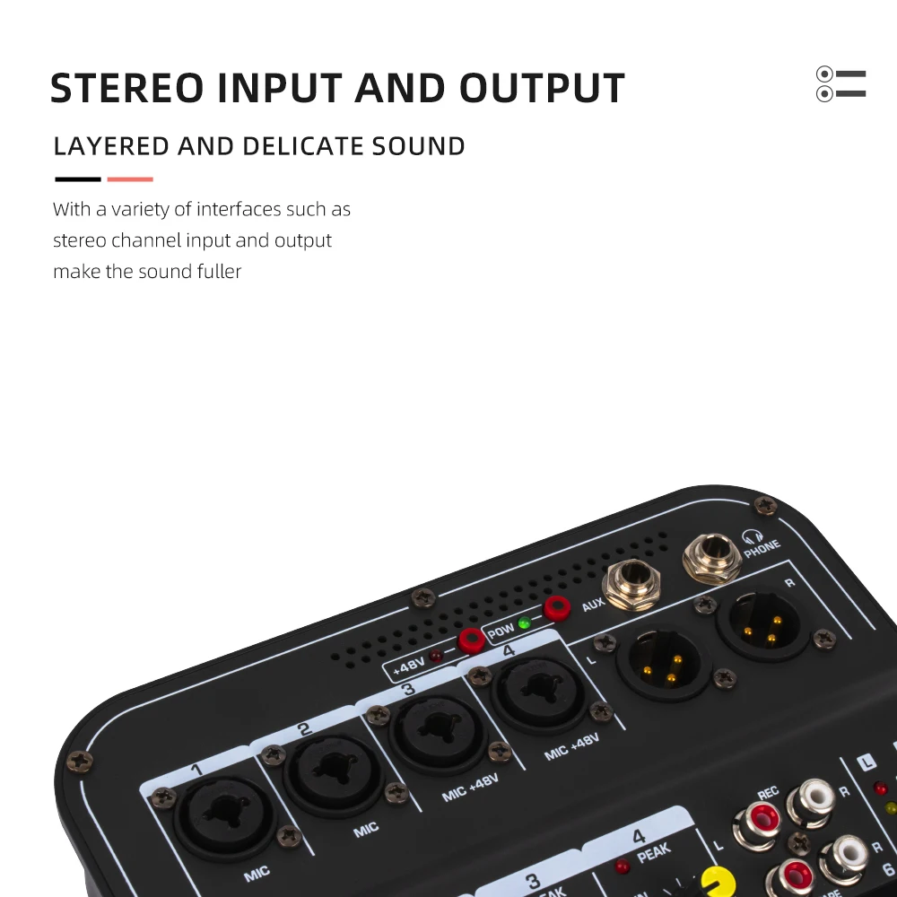 6 Channel Audio Mixer USB Interface 48V Phantom Power with effects Audio mixing recording Mixing Console Portable
