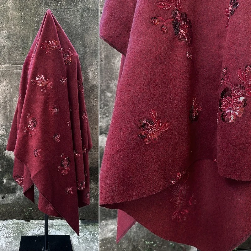 

Винно-красная шерстяная ткань с вышивкой бисером, новая китайская вышивка, дизайнерская ткань для шитья одежды своими руками, ткань