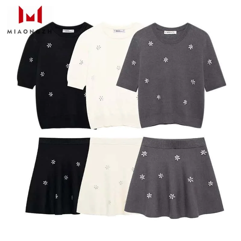 

2025 New Spring For Women Knitted Rhinestone Two Piece Set Fashion Short Sleeve O Neck Sweater Top + High Waist Mini Skirts Chic