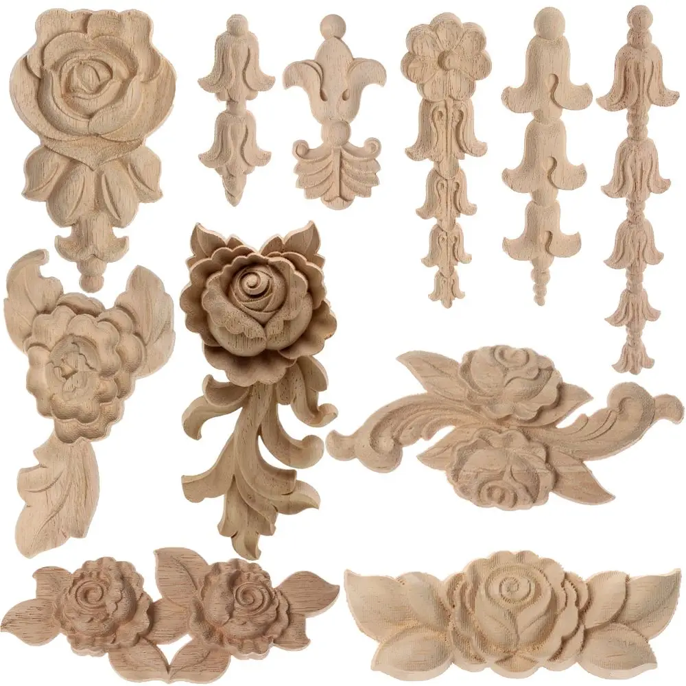 Natural Door Adornment Furniture Ornament Floral Carved Woodcarving Rose Flower Corner Appliques Wooden Crafts